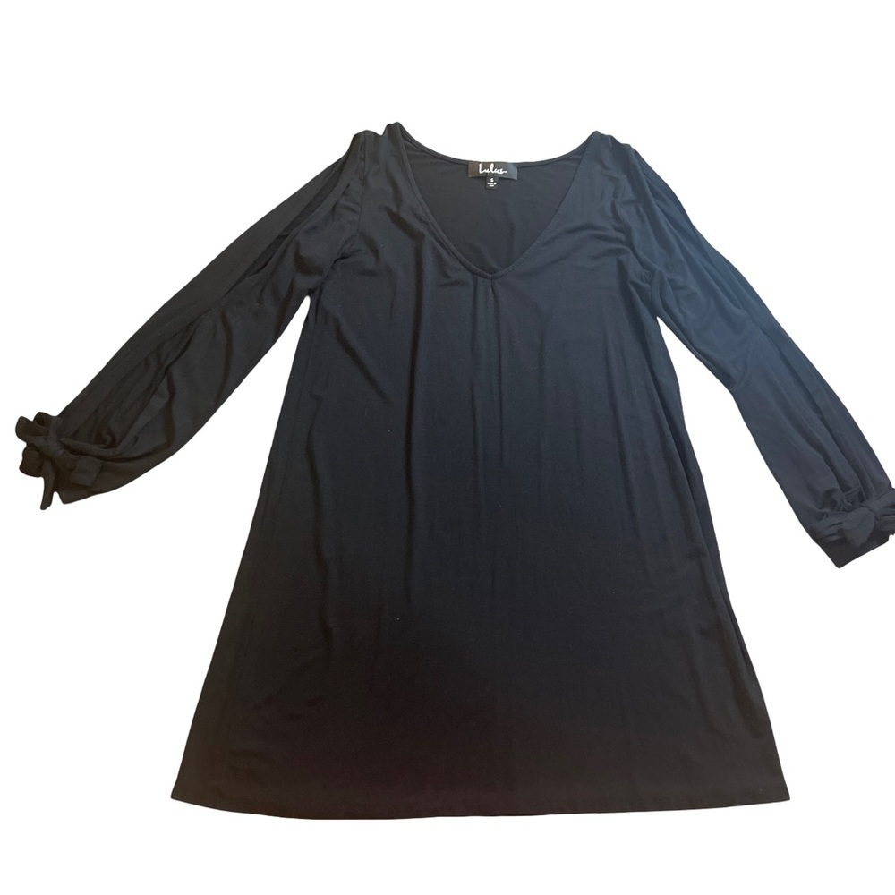 Lulus Black Cold Shoulder Tie Cuff V-Neck Shift Dress Long Sleeve Small USA